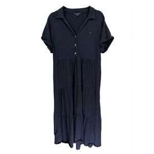 Tommy Hilfiger Black Cotton Tiered Midi Maxi Polo Dress Large Coastal Preppy